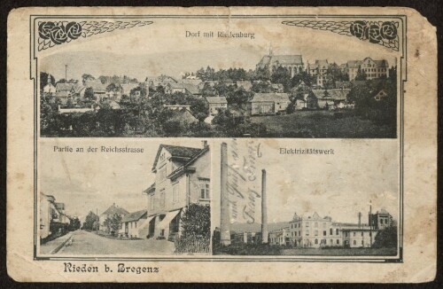 Rieden b. Bregenz : Dorf mit Riedenburg : Partie an der Reichsstrasse ... : [Correspondenz-Karte ...]
