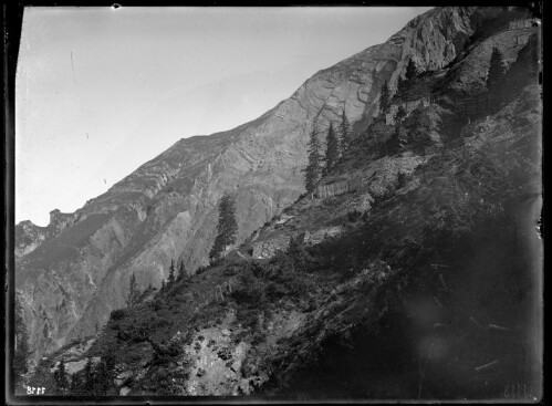 [Aufnahme von den Schneerückhaltemauern (Nr. 8, 6), Schneerechen (alte Bauweise) und Arlberg-Schneerechen in Hallers Längen oberhalb von Langen am Arlberg]