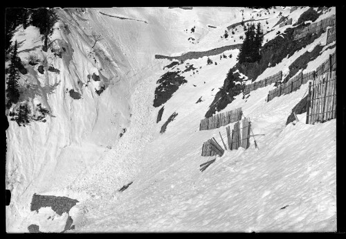 [Lawinenverbauungen oberhalb des Bahnhofs Langen am Arlberg bestehend aus Arlberg-Schneerechen und Schneerückhaltemauern]