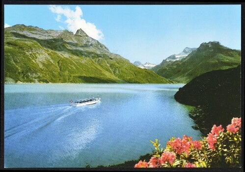 [Gaschurn] : [Silvrettasee, 2040 m, Motorboot  Silvretta , mit Piz Buin Gruppe und Hohem Rad, 2934 m. Österreich-Austria-Autriche ...]