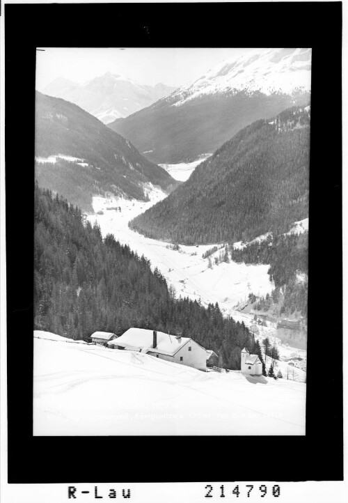 Partitschhof bei Nauders 1653 m Blick gegen Reschenpass, Königspitze und Ortler : [Parditscher Hof]