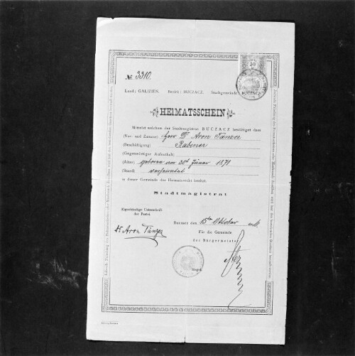 Heimatschein Aron Tänzer