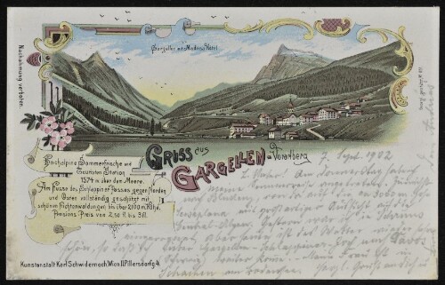 [St. Gallenkirch] Gruss aus Gargellen - Vorarlberg : Hochalpine Sommerfrische und Touristen Station 1574 m. über dem Meere ... : [Postkarte An ... in ...]