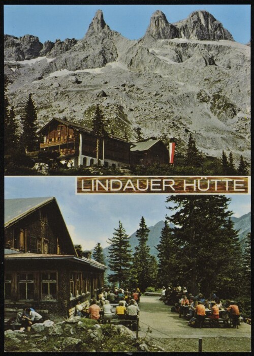 [Tschagguns] Lindauer Hütte : [Lindauer Hütte, 1764 m im Gauertal gegen die Drei Türme, 2828 m, Terrasse mit Schwarzhorn Montafon, Vorarlberg, Österreich ...]