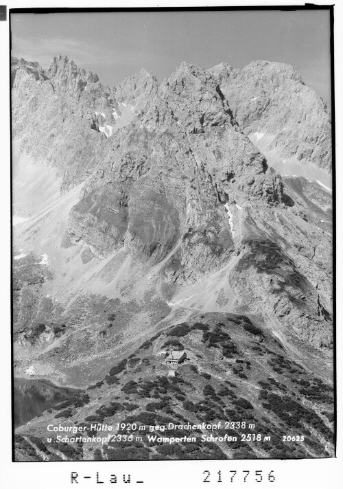 Coburger Hütte 1920 m gegen Drachenkopf 2338 m und Schartenkopf 2336 m Wampeter Schrofen 2518 m : [Coburger Hütte gegen Marienbergspitzen / Drachenkopf und Wampeter Schrofen / Tirol]