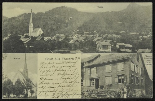 Gruß aus Fraxern : Totale : Kirche : Warenhandlung von Ww. Kathan