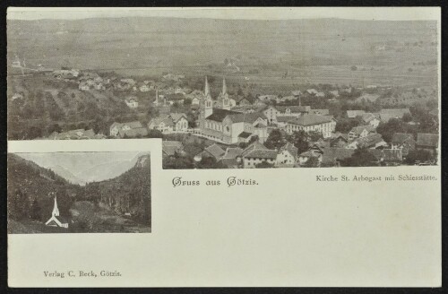 Gruss aus Götzis : Kirche St. Arbogast mit Schiesstätte : [Correspondenz-Karte ...]