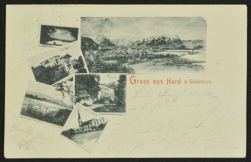 Gruss aus Hard a/ Bodensee : Bregenzer Ach : Villa Faigle : Villa Jenny : Kirche St. Sebastian ... : [Correspondenz-Karte ...]