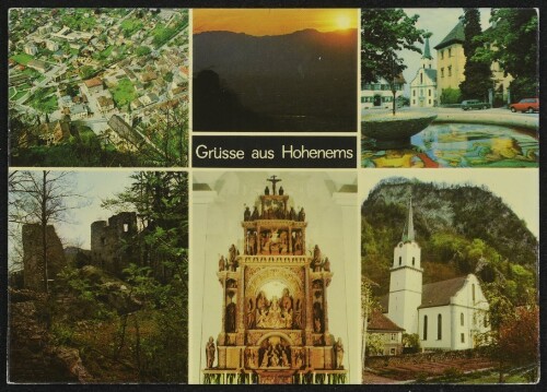 Grüsse aus Hohenems : [Hohenems - Vorarlberg - Austria Oben: Gesamtansicht, Burg Glopper, Hohenems Palast Unten: Ruine Alt Ems, Altar und Außenansicht Pfarrkirche St. Karl ...]