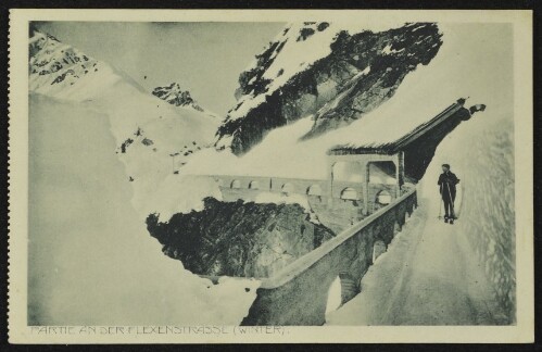 [Arlberg] Partie an der Flexenstrasse (Winter) : [Lech, Vorarlberg. Gasthof und Pension Krone, Bes.: W. Pfefferkorn ...]