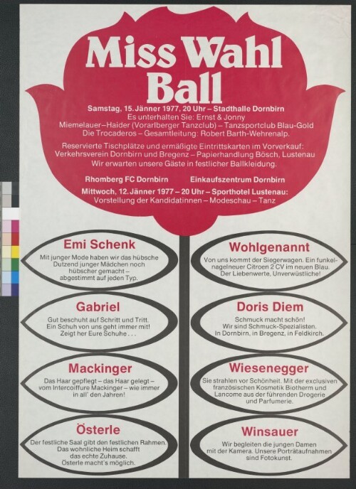 Plakat für den Vorarlberger Miss-Wahl Ball 1977