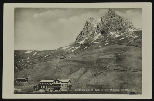 [Warth] Hochkrumbach 1703 m mit Widderstein 2531 m. : [Hochkrumbach (Vorarlberg) 1703 m am Fuße des Widderstein. Herrlicher Sommeraufenthalt. Wintersportplatz I. Ranges. Autostationen Warth und Hopfreben. Bahnstationen Langen (Arlberg), Bezau (Bregenzerwald) und Oberstdorf (Oberbayern) ...]