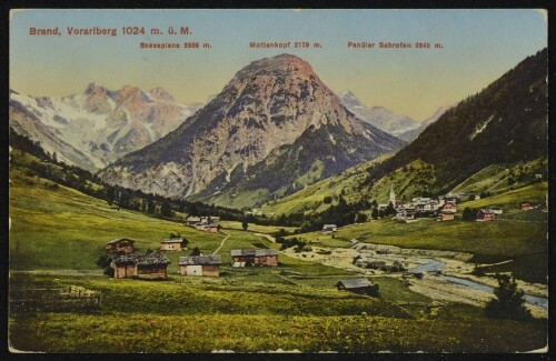 Brand, Vorarlberg 1024 m. ü. M. : Scesaplana 2969 m. : Mottenkopf 2179 m. : Panüler Schrofen 2840 m.