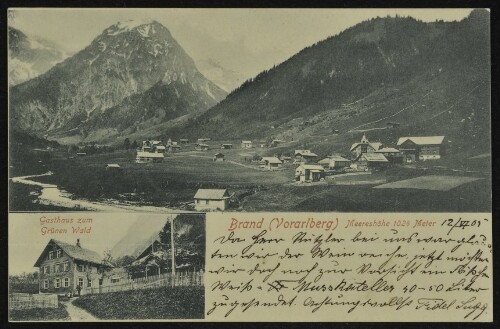 Brand (Vorarlberg) Meereshöhe 1024 Meter : Gasthaus zum Grünen Wald : [Correspondenzkarte ...]