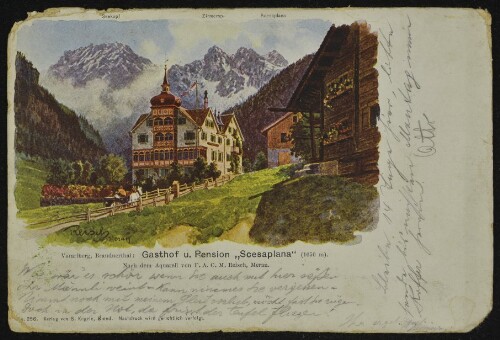 Vorarlberg, Brandnerthal: Gasthof u. Pension  Scesaplana  (1050 m) : Seekopf : Zirmensp. : Scesaplana : [Correspondenz-Karte ...]