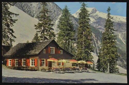 [Brand] : [Schattenlaganthütte 1500 m, Blick zum Mottakopf 2179 m mit Brandnerferner, Brand - Bekannt gute Küche, gepflegte Getränke. Fam. Franz Götsch ...]