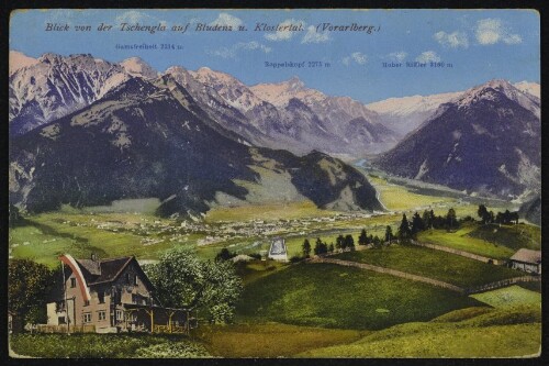 [Bürserberg] Blick von der Tschengla auf Bludenz u. Klostertal (Vorarlberg.) : Gamsfreiheit 2214 m : Roppelskopf 2275 m : Hoher Riffler 3160 m