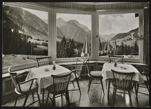 [Mittelberg] : [Alpenhof Wildental Mittelberg / Kleinwalsertal, 1218 m Neu erbaut - Fernruf: Nr. 28 Speisesaal mit Terrasse und Blick auf Widderstein 2536 m, Bärenkopf 2080 m u. Mittelberg ...]