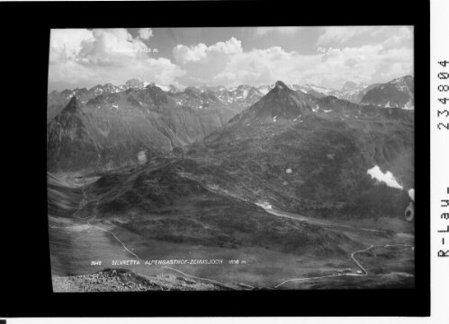 Silvretta / Alpengasthof Zeinisjoch 1858 m : [Blick auf das Zeinisjochhaus mit Ballunspitze - Fluchthörner und Piz Buin]