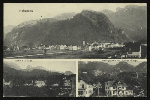 Hohenems : Partie a. d. Säge : Gebirgspartie mit Schloss Glopper