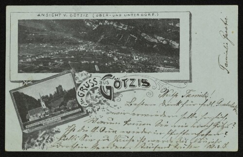 Gruss aus Götzis : Ansicht v. Götziz (Ober- und Unterdorf), Wahlfahrts-Kirche St. Arbogast u. Schlossruine Neu-Montfort