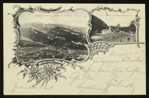 Götzis Vorarlberg (Gesammt-Ansicht). St. Arbogast und Ruine Montfort