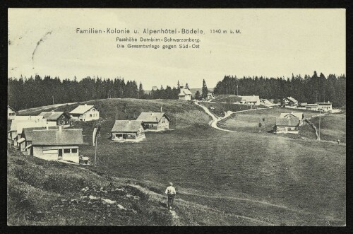 Familien - Kolonie u. Alpenhôtel - Bödele, 1140 m. ü. M. : Passhöhe Dornbirn - Schwarzenberg. Die Gesamtanlage gegen Süd - Ost
