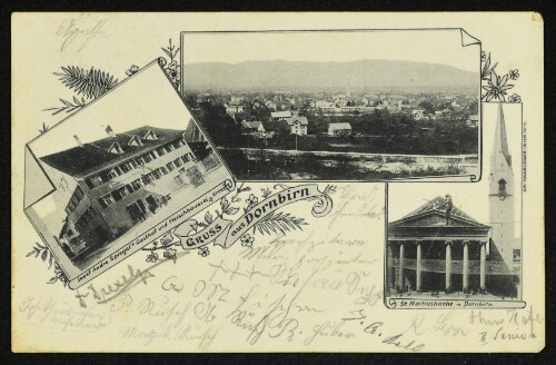 Gruss aus Dornbirn : Josef Andre Spiegel's Gasthof und Fleischhauerei z. Kreuz : St. Martinskirche in Dornbirn : [Correspondenz-Karte]