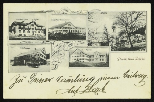 Gruss aus Doren : Landeskäserei Schule : K.K. Postamt : Gasthof zur Krone Brenden : Bozenau : Doren : [Correspondenz-Karte]