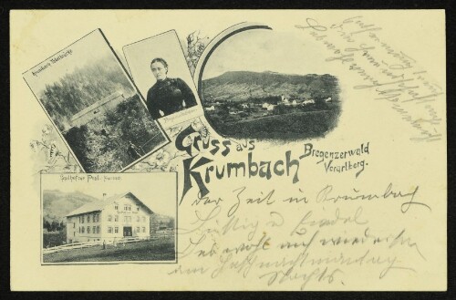 Gruss aus Krumbach Bregenzerwald Vorarlberg : Gasthof zur Post Krumbach : Krumbach, Tobelbrücke : BregenzerWälderin : [Correspondenz-Karte]