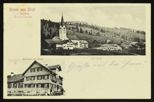 Gruss aus Thal b. Sulzberg (Vorarlberg) : Gasthaus zur Krone : Totale : [Correspondenz-Karte]