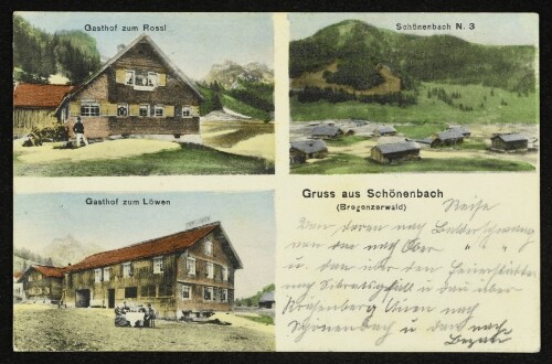 Gruss aus Schönenbach (Bregenzerwald) : Gasthof zum Rossl : Gasthof zum Löwen : Schönenbach N. 3 : [Korrespondenz-Karte]
