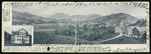 Gesamt-Panorama von Lingenau (Bregenzerwald) : Aktienbrauerei und Gasthof zur Sonne. Schöne Fremdenzimmer, schattiger Garten. Konr. Mang : [Drucksache]