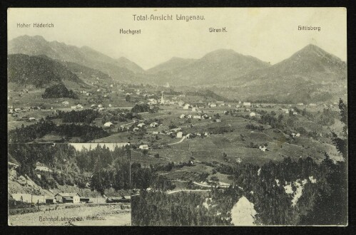 Total-Ansicht Lingenau : Bahnhof Lingenau, Hittisau : Hoher Häderich : Hochgrat : Girsau n K. : Hittisberg