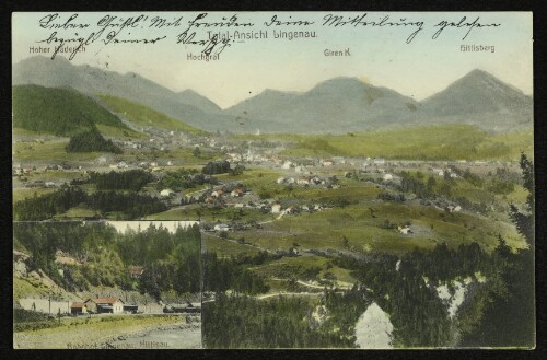 Total-Ansicht Lingenau : Bahnhof Lingenau, Hittisau : Hoher Häderich : Hochgrat : Giren K. : Hittisberg