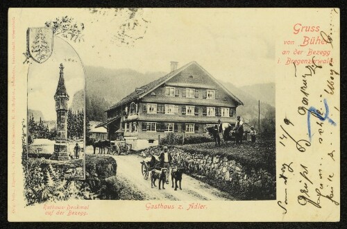 Gruss von Bühel an der Bezegg i. Bregenzerwald : Rathaus-Denkmal auf der Bezegg : Gasthaus z. Adler : [Correspondenz-Karte]