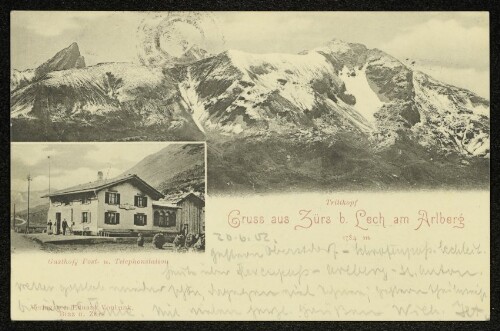 Gruss aus Zürs b. Lech am Arlberg 1784 m : Gasthof, Post- u. Telephonstation : Trittkopf : [Correspondenz