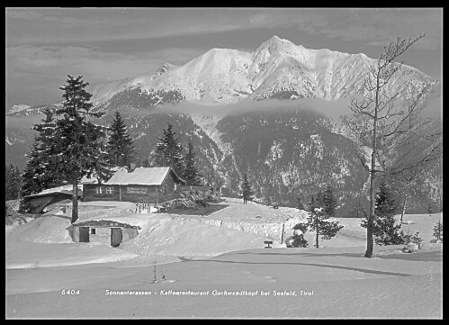 Sonnenterrassen - Kaffeerestaurant Gschwandtkopf bei Seefeld / Tirol : [Gschwandtkopfhütte gegen die Reitherspitze]