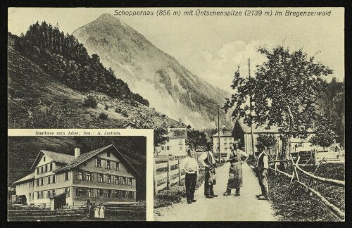 Schoppernau (856 m) mit Üntschenspitze (2139 m) im Bregenzerwald