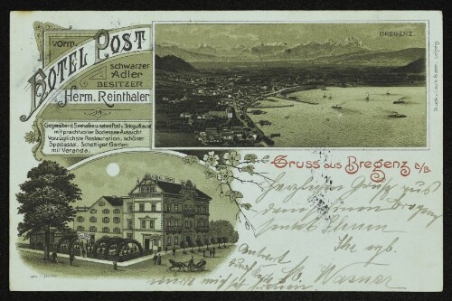 Gruss aus Bregenz a.B. , Hotel Post vor. Schwarzer Aler