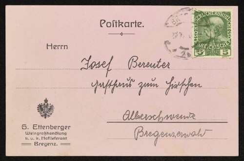 [Postkarte an Josef Bereuter, Alberschwende]