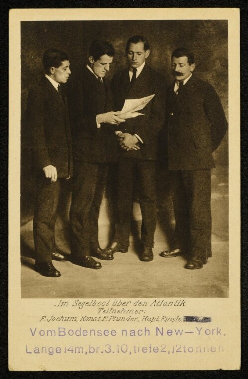 Im Segelboot über den Atlantik : Teilnehmer: F. Jochum, Konst. F. Plunder, Kapt. Einsle : Vom Bodensee nach New-York. Lange 14m, br.3.10, tiefe 2, 12 tonnen