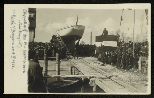 Stapellauf des 14 m Seekreuzers  Sowitasgoht  in Hard b/Bregenz am 1. IV. 1923