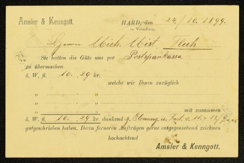 [Zahlungsbestätigung von] Amsler & Kenngott Chemische Fabrik Hard in Vorarlberg