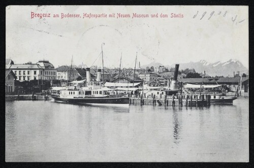 Bregenz am Bodensee, Hafenpartie mit Neuem Museum und dem Säntis