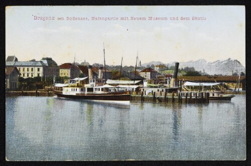 Bregenz am Bodensee, Hafenpartie mit Neuem Museum und dem Säntis