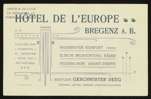 Hôtel de l`Europe Bregenz a. B,. Beseitzer Geschwister Deeg