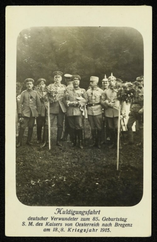 Huldigungsfahrt deutscher Verwundeter zum 85. Geburtstag S. M. des Kaisers von Oesterreich nach Bregenz am 18.8. Kriegsjahr 1915