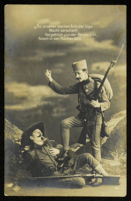 An unseren starken Arm, der Lüge Macht zerschellt, Vergeblich uns der Feinde List, falsch in den Rücken fällt