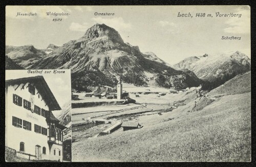 Lech, 1438 m, Vorarlberg : Omeshorn : Wildgruben-Spitze : Hasenfluh : Schafberg : Gasthof zur Krone : [K. u. k. Militärzensur Bregenz]